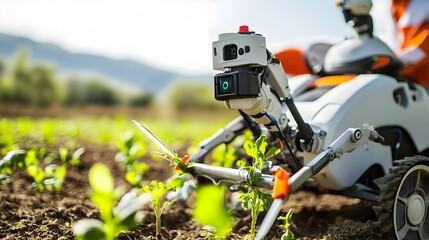 Poster - Close up view of a high tech robotic weeder equipped with and blades precisely and efficiently trimming unwanted plants and vegetation in an agricultural field