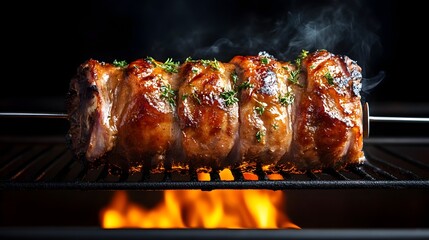 Poster - Close up view of a marinated pork shoulder roasting on a metal spit with the fat rendering and glistening in the intense heat isolated against a plain black background