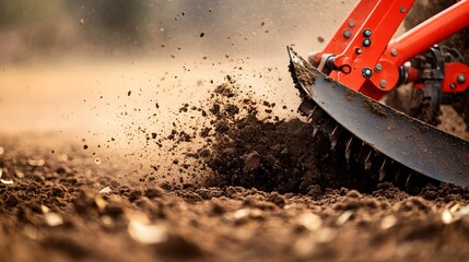 Poster - Close up view of a metal plow blade sharply cutting into the soil causing dirt and debris to scatter in every direction across the agricultural field