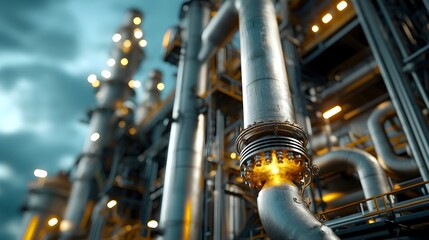 Aufkleber - Close up view of a monochromatic cybernetic styled petrochemical refinery showcasing the intricate process of extracting and purifying various essential chemical compounds from petroleum