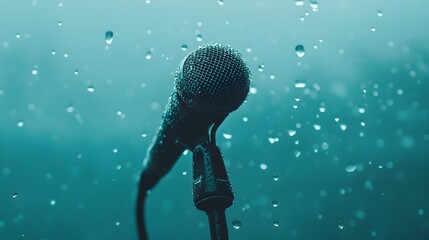 Poster - Close up view of a professional microphone covered in droplets of condensation surrounded by a chilled foggy atmosphere creating a unique and captivating setting for audio recording broadcasting