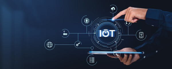 Poster - iot concept with digital network and connections on dark background.
