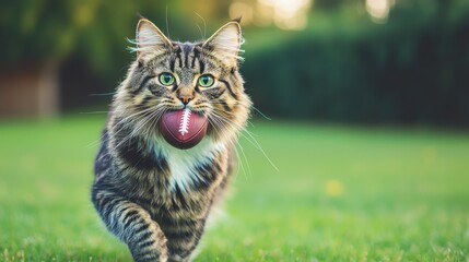 Playful Cat with Football in Its Mouth