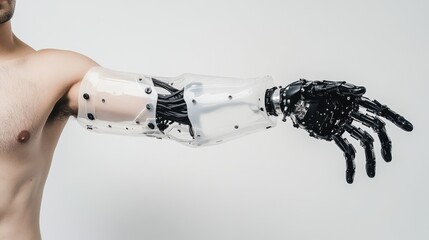 A detailed view of prosthetic arm in action, designed for full mobility. A symbol of how medical technology is enhancing human abilities and independence.