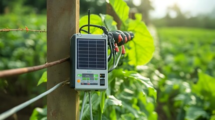 Aufkleber - Close up view of a solar powered irrigation controller device mounted on a farm fence showcasing modern technology that promotes sustainable and efficient agricultural practices in the countryside