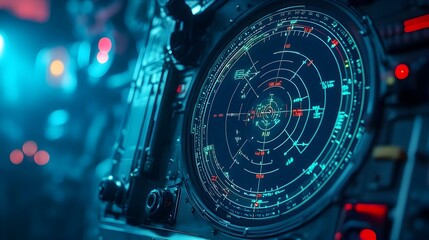 Fototapete - Close up view of a sophisticated submarine radar screen displaying real time data about underwater activity depth measurements and other crucial information for maritime navigation and