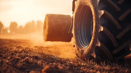 Poster - Close up view of a tractor s power take off PTO shaft securely connecting to the baler in a dusty rural farm setting