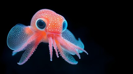 Poster - Close up view of a vibrant red hued vampire squid with its bioluminescent tentacles illuminating the deep sea environment it inhabits