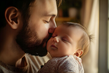 Poster - Happy dad kissing his newborn baby at home. Happy Father's Day.