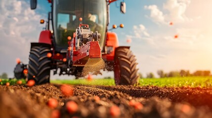 Aufkleber - Close up view of the intricate machinery of a row crop planter precisely dropping seeds into the prepared furrows of an agricultural field
