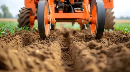 Poster - Close up view of the discs of a no till drill machine carving narrow slots in the soil showcasing the advanced technology used in sustainable agricultural practices