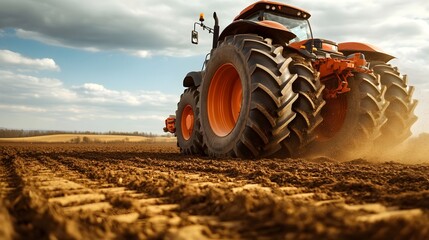 Poster - Close up view of the robust heavily treaded wheels of a large agricultural tractor as it traverses across a rural dirt field showcasing the machine s power and ability to navigate challenging terrain