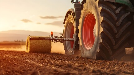 Poster - Close up view showcasing the power take off PTO shaft of a tractor as it connects to the baler attachment in a dusty rural farm setting