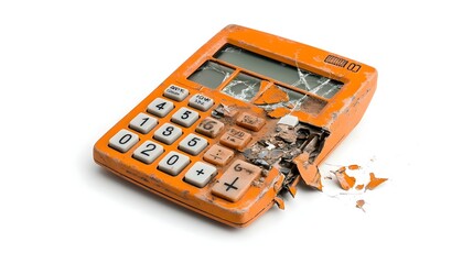 Aufkleber - Closeup of a broken damaged calculator with a cracked screen and malfunctioning buttons isolated on a clean white background  Concept of technology failure malfunction or product defect