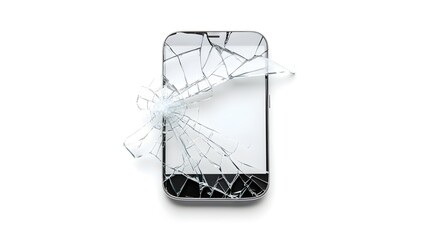 Poster - Closeup of a cracked and shattered smartphone screen on a clean white background  The damaged display shows an abstract pattern of broken glass
