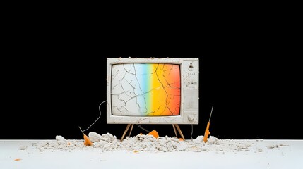 Poster - Closeup of a cracked unusable television screen with vibrant rainbow colored lines across the damaged display isolated on a plain white background