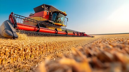 Poster - Closeup of a combine s reel and cutter bar harvesting crops under a clear sky in a sunlit agricultural field  Farming machinery working in the countryside during the autumn harvest season