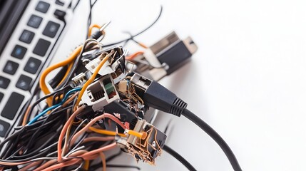 Leinwandbilder - Closeup of a damaged and broken laptop charger with exposed wires and connectors isolated on a plain white background  Concept of electrical malfunction repair