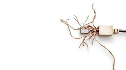 Poster - Closeup of a Damaged and Worn Tangled Electrical Charging Cable or Cord Isolated on a Plain White Background Concept of Obsolete or Unusable Technology