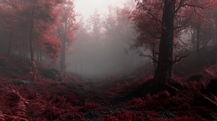 Wall Mural - Enchanted Forest Path: A Mystical Journey Through Red Fog