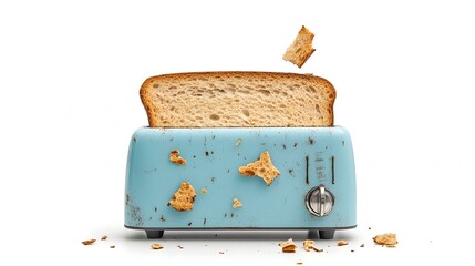 Poster - Closeup of a Damaged Vintage Toaster with Dents and a Broken Lever Isolated on a Clean White Background  Retro Rustic Kitchen Appliance with Grungy Worn Texture and Chrome Detailing