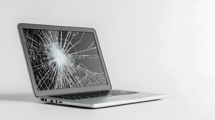 Poster - Closeup of a dented and cracked metal laptop with non functioning keys isolated on a plain white background  This damaged electronic device showcases the concept of technology failure and malfunction
