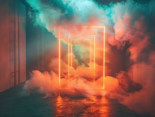 Wall Mural - neon lights illuminate a foggy room. ai.
