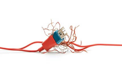 Poster - Closeup of a tangled and frayed electrical charging cable or cord that is no longer functional isolated on a plain white background