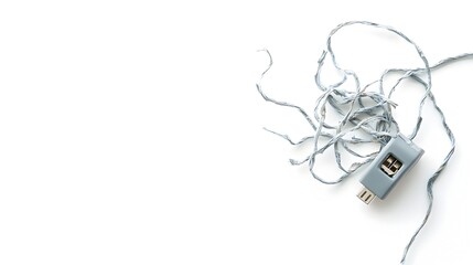 Aufkleber - Closeup of a Tangled and Frayed Charging Cable No Longer Usable Isolated on a Plain White Background