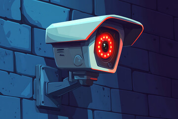 A surveillance camera mounted on a wall, featuring a prominent red light.