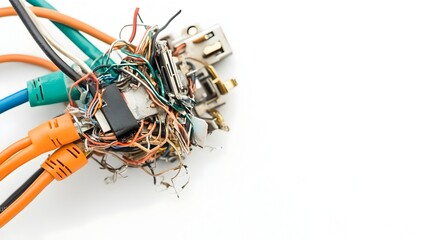 Poster - Closeup of a worn and broken laptop charger with exposed wires and connectors isolated on a plain white background  The damaged power adapter represents a technology malfunction or electrical hazard