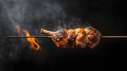 Poster - Closeup of Whole Skinned Rabbit Roasting on a Spit over an Open Flame with Crispy Golden Brown Skin and Succulent Meat Isolated on a Black Background