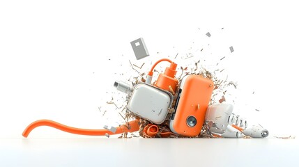 Poster - Closeup view of a damaged phone charger with frayed wires and a broken plug isolated on a plain white background  The charger appears to be malfunctioning or in need of replacement