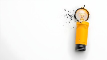 Poster - Closeup view of a malfunctioning flashlight with a cracked and exposed bulb isolated on a plain white studio background  The broken and dysfunctional lighting equipment represents technical issues