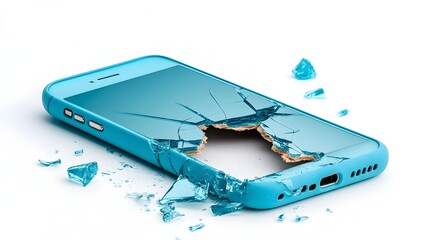 Aufkleber - Closeup view of a severely damaged and cracked cell phone case isolated on a clean white background  The case appears heavily worn and fragmented with missing corners and a distressed