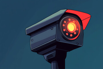Poster - A surveillance camera with a glowing red light, indicating it is actively monitoring.
