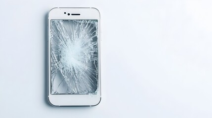Poster - Cracked and Shattered Smartphone Screen Isolated on Clean White Background  Abstract Digital Technology Texture with Broken Glass Effect for Graphic Design Web Product Photography