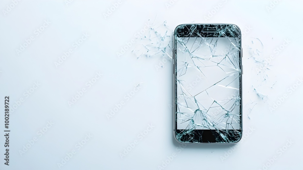 Cracked and shattered smartphone screen with broken glass pieces on a ...