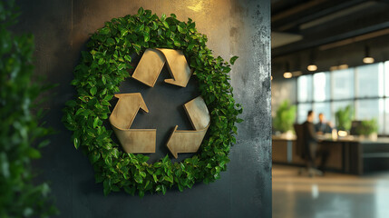 Green recycle symbol icon sign with professional environment background to represent recycling or sorting of waste at office and for working people, Ai