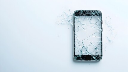 Poster - Cracked and shattered smartphone screen with broken glass pieces on a clean white background representing technology damage electronic device malfunction or mobile phone repair concepts
