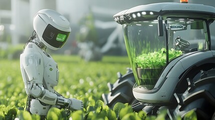 Poster - Cutting edge self driving tractor navigating a lush green agricultural field showcasing the latest advancements in sustainable and efficient farming technology