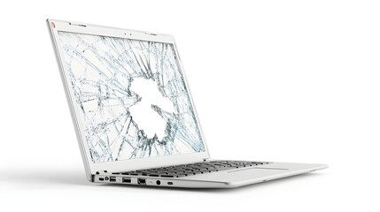 Poster - Damaged Metallic Laptop with Cracked Screen and Non functioning Keys Isolated on Clean White Background  Minimalist Broken Technology Device Conceptual Photograph