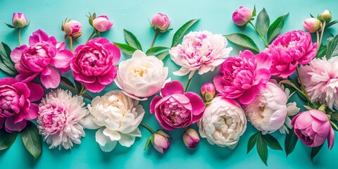 Soft pastel table adorned with beautiful pink and white peonies, creating an inviting flat lay scene that offers