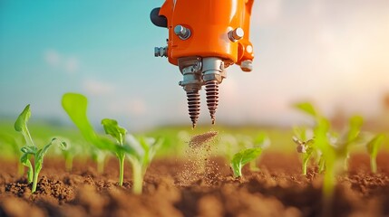 Aufkleber - Detailed close up shot of the metal components of a precision seeder machine as it accurately places seeds into the soil