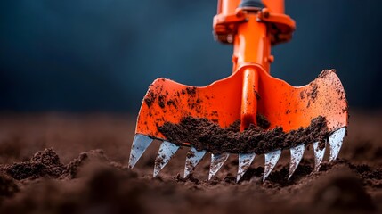 Poster - Detailed close up view of a plow attachment with sharp metal blades or shares covered in rich dark earth or soil