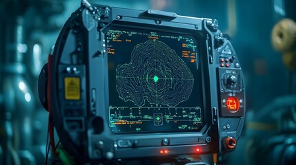 Poster - Detailed close up view of a sonar radar screen displaying intricate underwater topography and seafloor terrain  This high tech instrument is used for marine mapping and navigational purposes