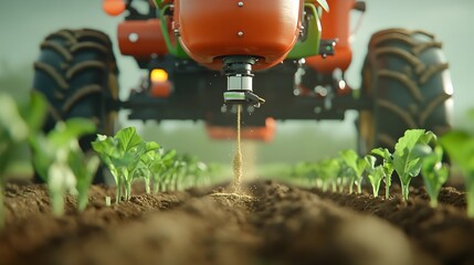 Poster - Detailed close up view of a row crop planter s precision machinery carefully depositing seeds into meticulously dug furrows in an agricultural field