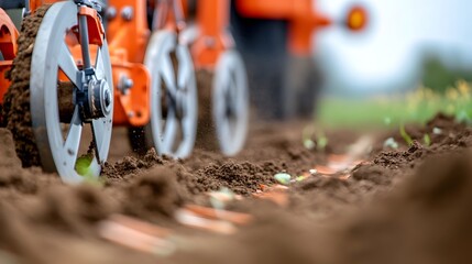 Poster - Detailed Close up View of the Discs of a No Till Drill Machine Carving Narrow Slots in the Soil Preparing the Seedbed for Planting in an Agricultural Field