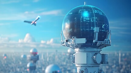 Fototapete - Detailed Closeup View of Sophisticated Aerospace Radar Equipment Designed for Tracking and Monitoring High Altitude Flights and Aircraft Navigation