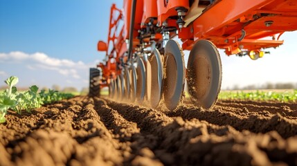Poster - Detailed close up view of the discs of a no till drill machine carving narrow slots or furrows in the soil